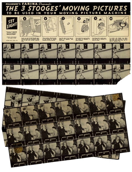 ''The 3 Stooges Moving Picture Machine'' Made by Pillsbury Farina -- Unassembled Cardboard Slide Projector Includes All 56 Slides From ''Movie Maniacs'' -- A Few Slides Damaged, Else Very Good